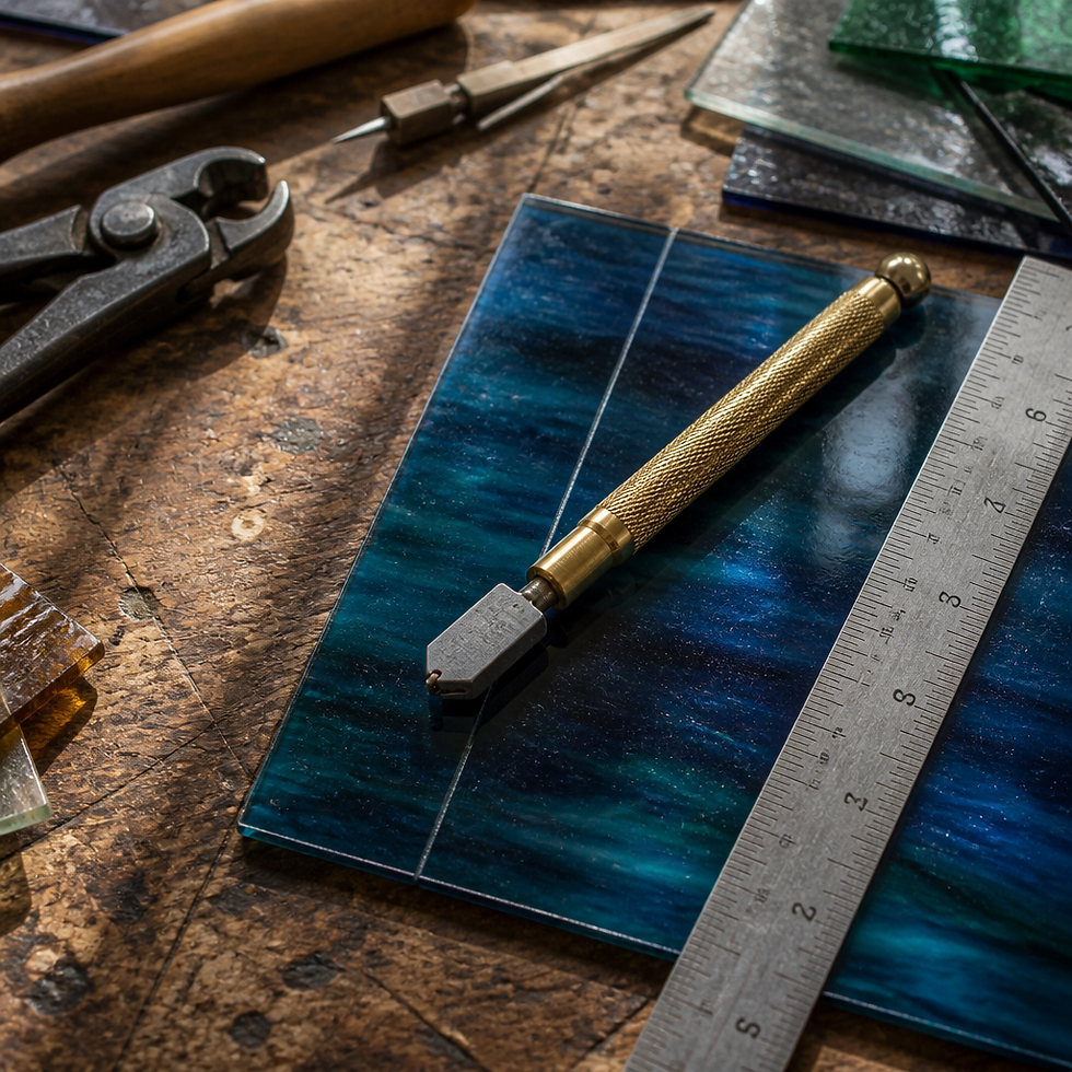 Glass cutting tools and colored glass sheets on an artisan