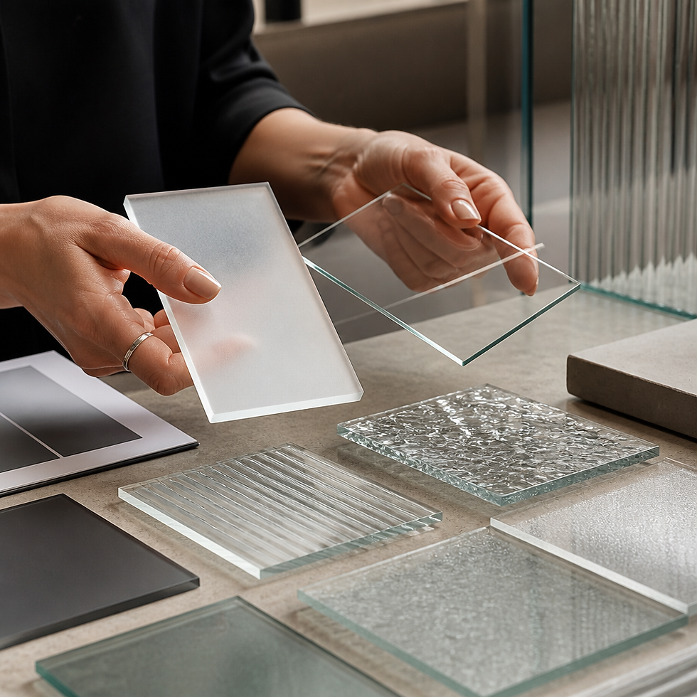 Glass artisan displaying material samples and finishes during client consultation