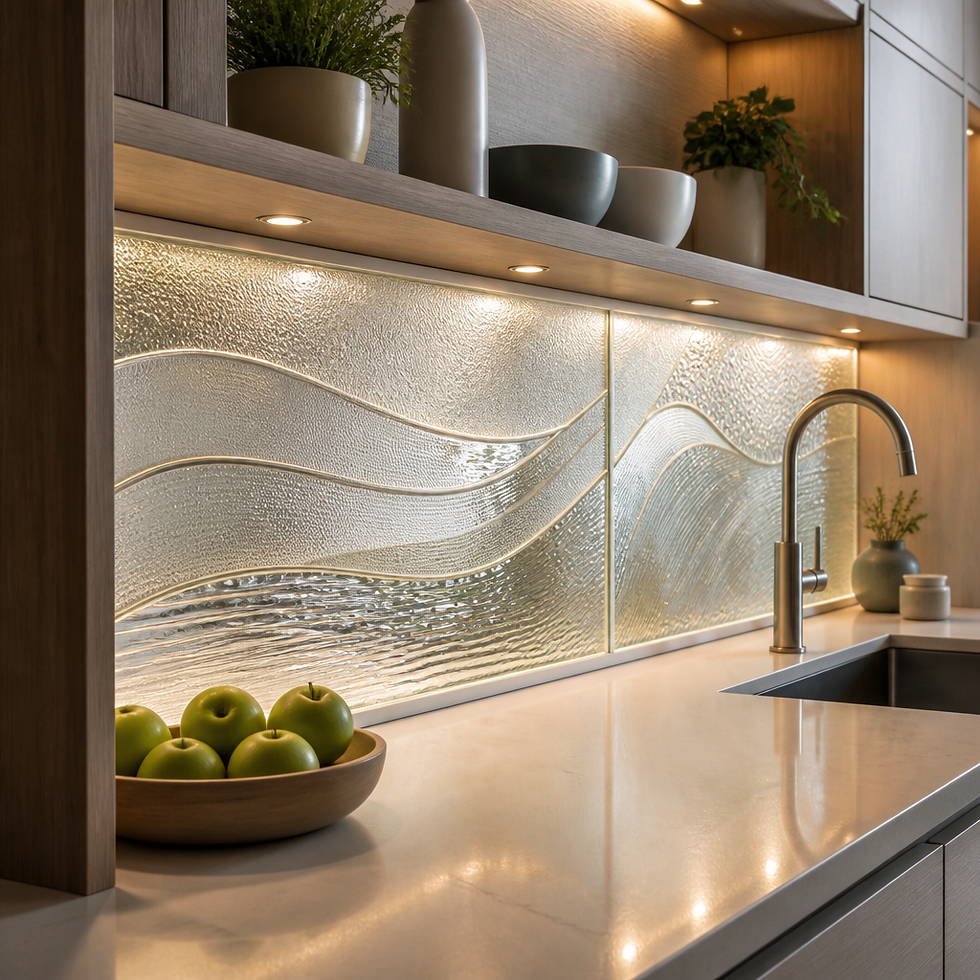 Custom decorative glass panels integrated into contemporary kitchen cabinetry and shelving