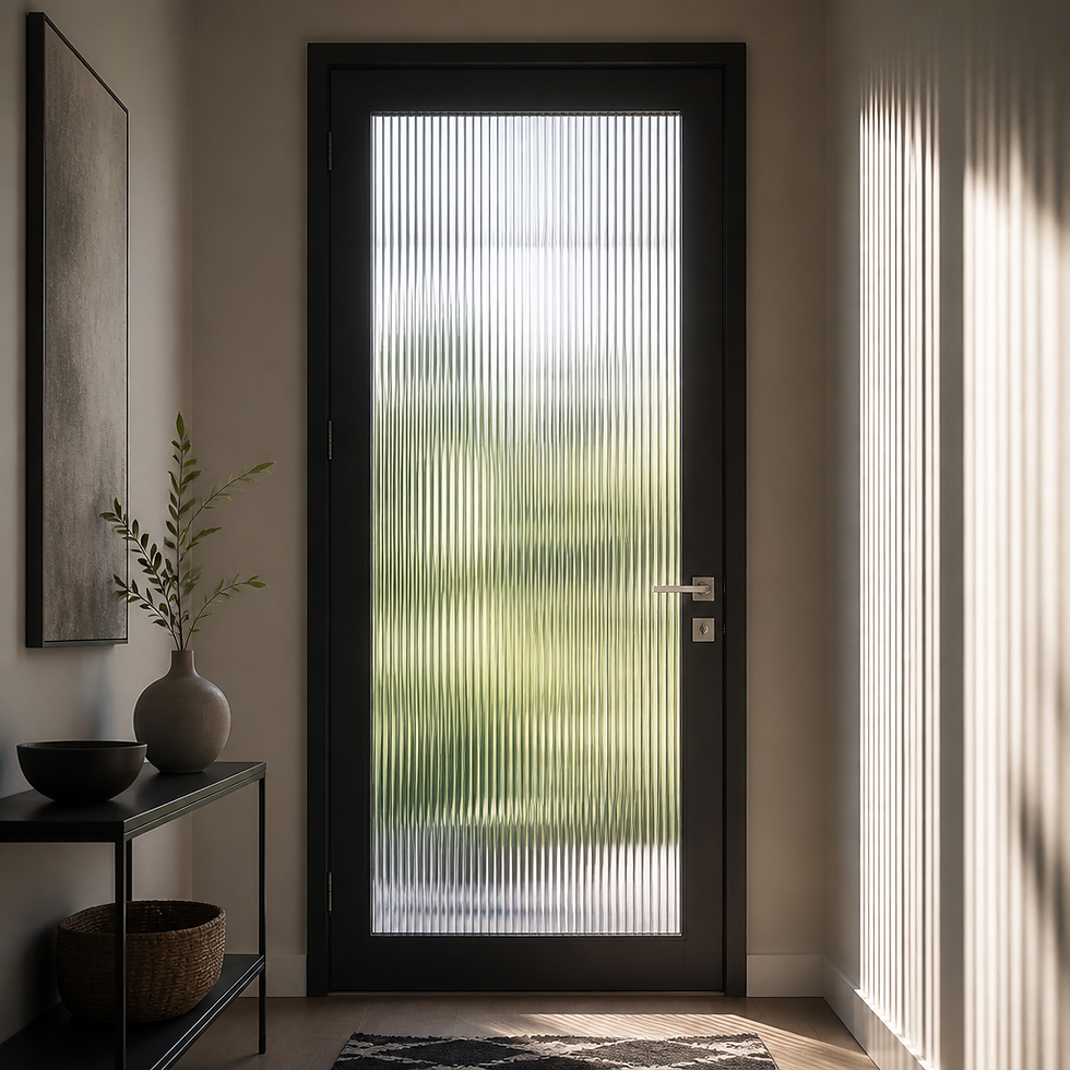 Modern home entryway with custom ribbed glass panel door allowing diffused natural light
