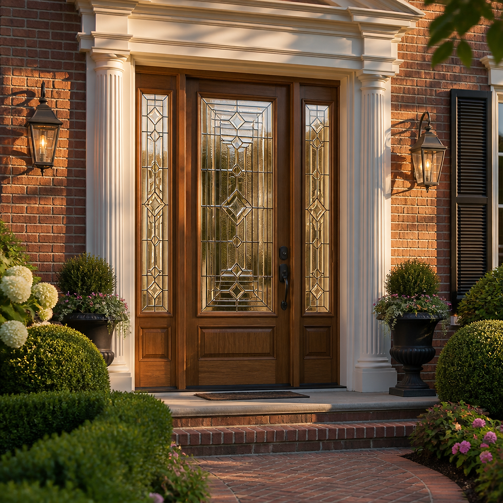 Colonial front entrance with geometric beveled glass door and sidelights, casting decorative shadows on brick