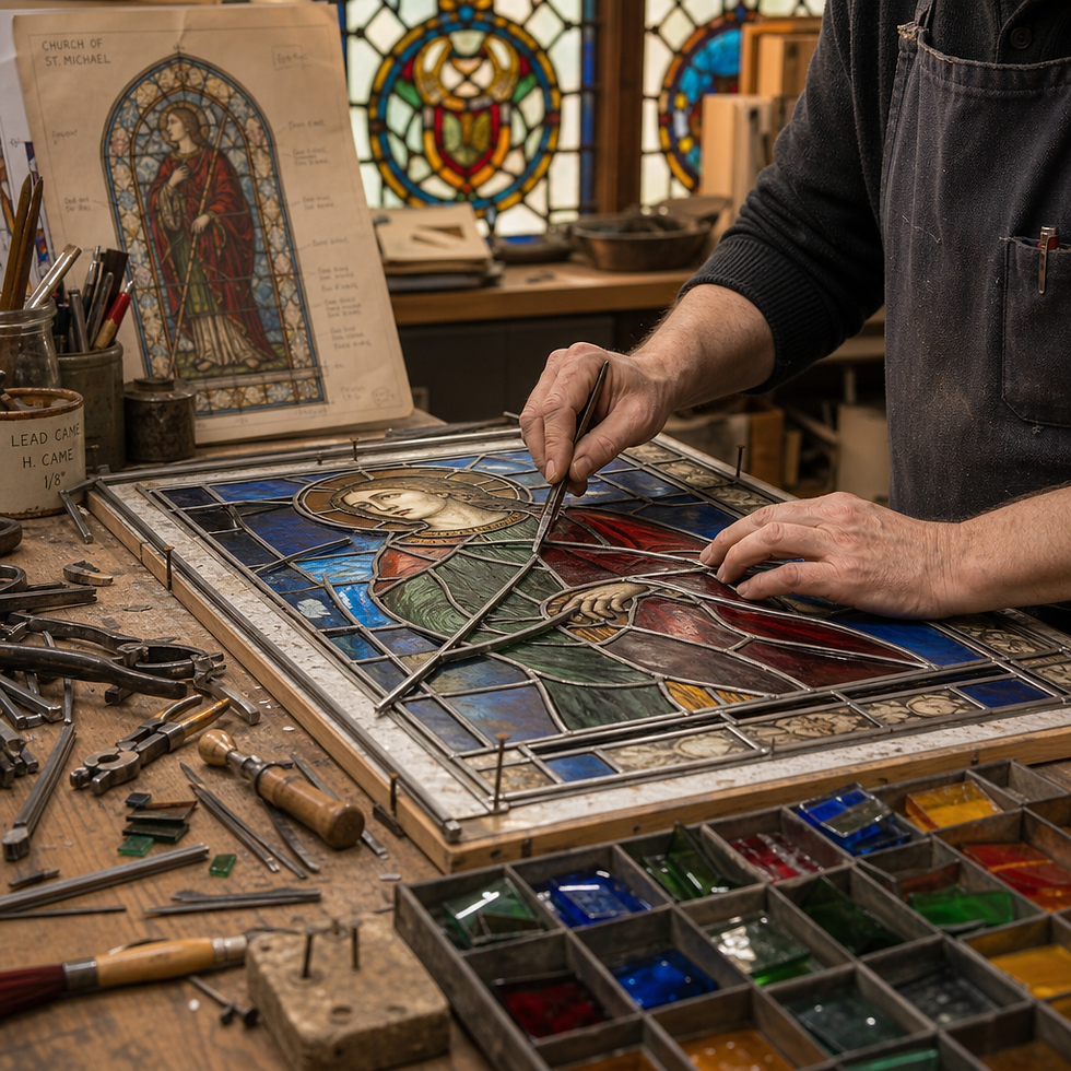Restoration specialist working on stained glass panel repair at a professional workbench with specialized tools