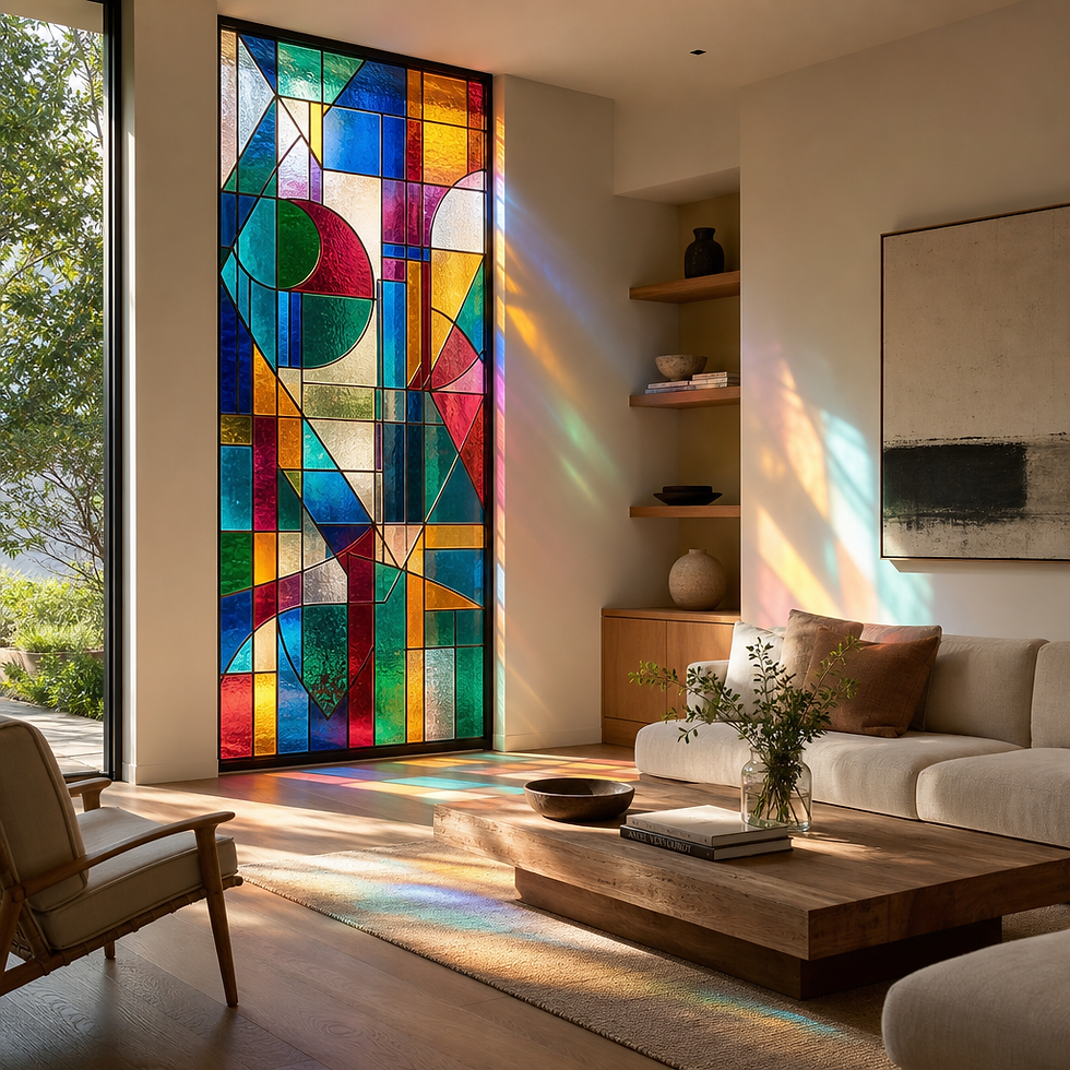 Custom stained glass window with geometric patterns casting colored light into a modern living room