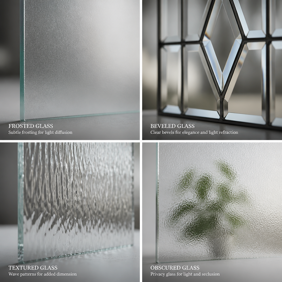 Detailed comparison of decorative glass types and finishes showing frosted, beveled, textured, and privacy options