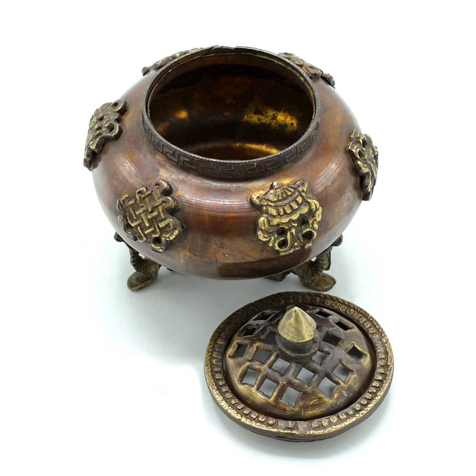 Miniatúra: MOSADZNÁ TIBETSKÁ KADIDELNICA "6 SYMBOLOV"~ ručná práca, 30x11(cm)