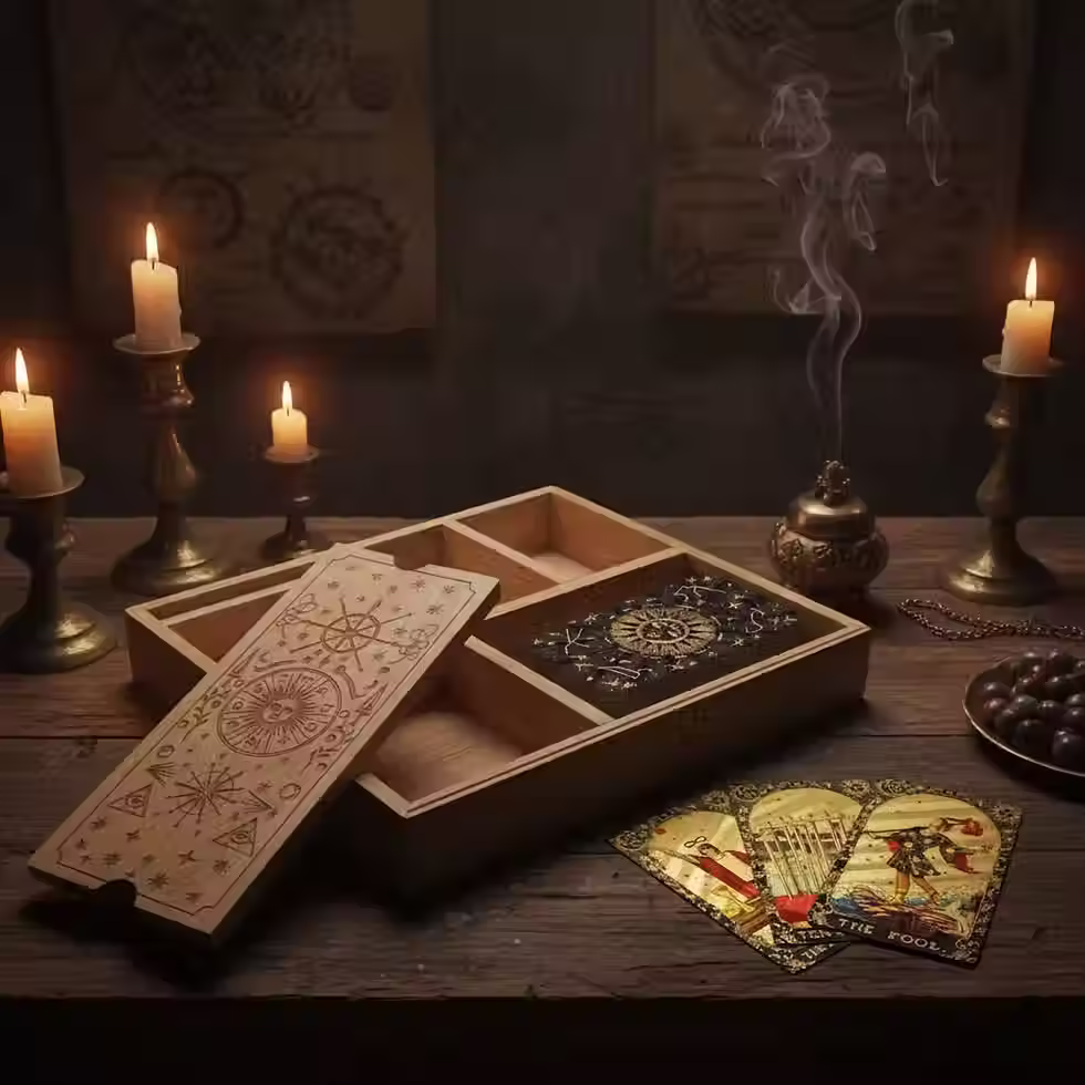 Miniatúra: DREVENÁ KRABIČKA & STOJAN NA TAROT II., 33×28×5 cm