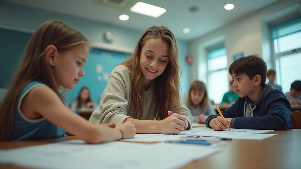 Eye-level view of a classroom with students collaborating on a project