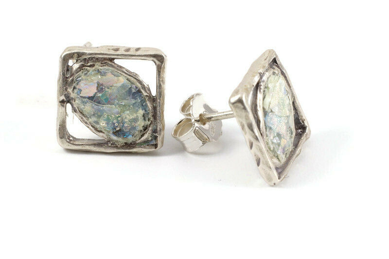 Thumbnail: Oval & Square Back Post Earrings - Roman Glass & Sterling Silver 925