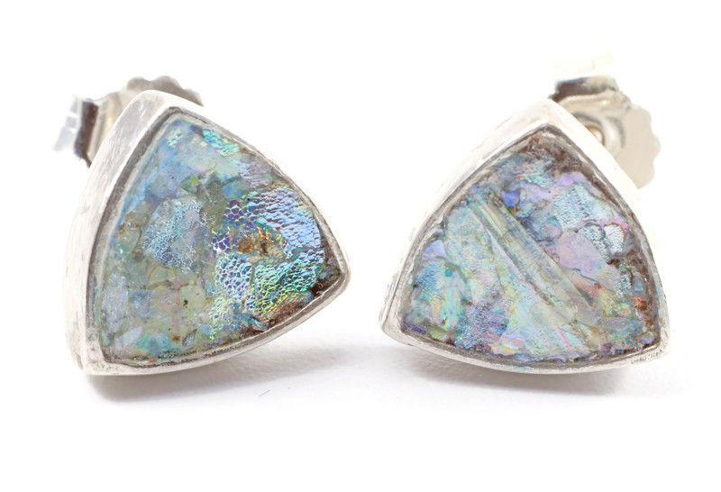 Thumbnail: Triangle Post Back Stud Earrings - Roman Glass & Sterling Silver 925