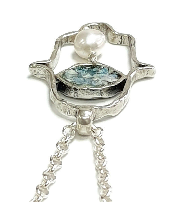 Thumbnail: Lucky Hamsa Pendent - Roman Glass & Sterling Silver 925