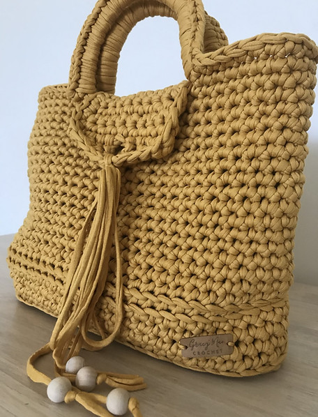 Mustard Coloured Crochet Tote Bag with decorative tie straps