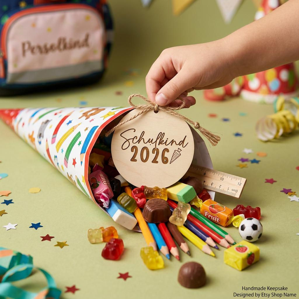 Schulkind Rund Holzanhänger 2026 Personalisiert | Einschulung Geschenk