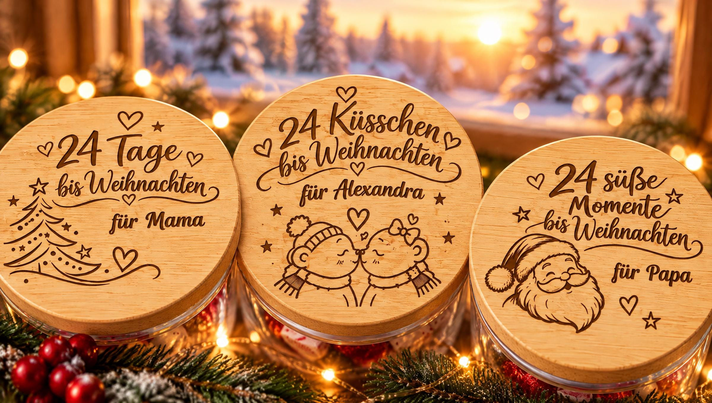 Adventskalender im Glas mit Bambusdeckel, Vorratsglas zum Befüllen, personalisie