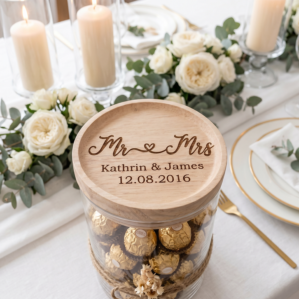 Miniaturbild: Personalisiertes Hochzeitsgeschenk Glasbehälter mit graviertem Holzdeckel & 3D
