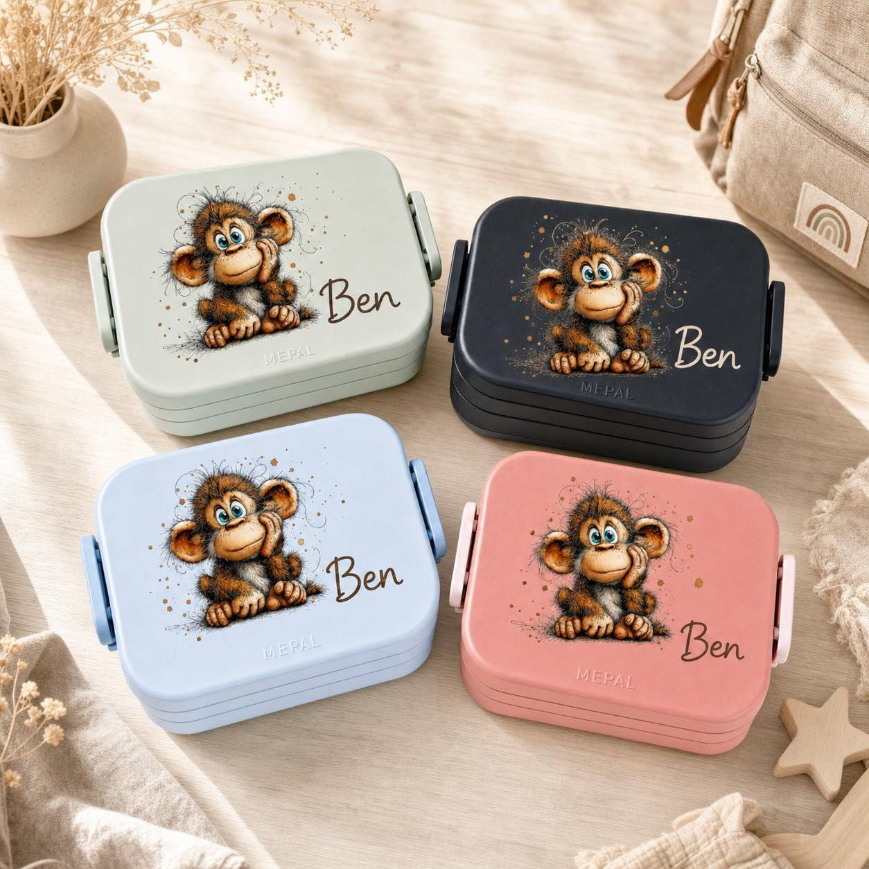 Personalisierte Brotdose mit Namen, Individuelle Lunchbox mit Affe Tiermotiv | G