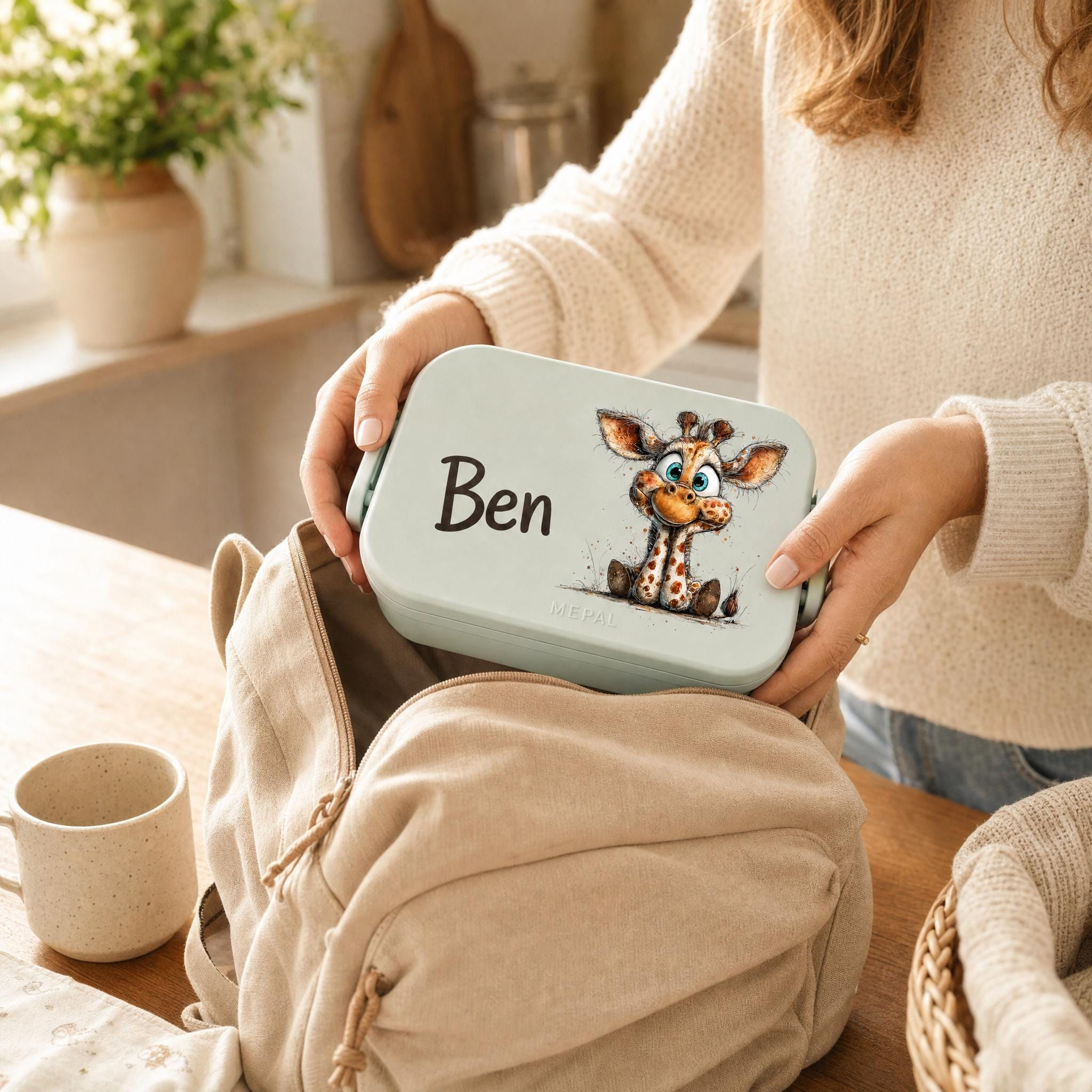 Personalisierte Brotdose mit Namen, Individuelle Lunchbox mit Giraffe Tiermotiv