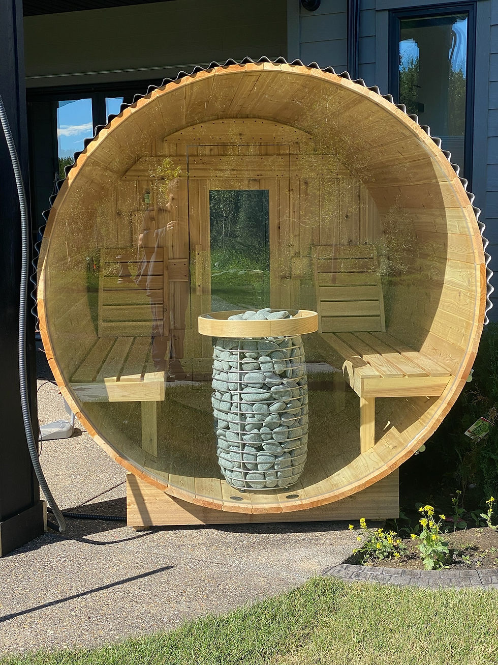 Miniature : 4 Person Cedar Barrel Sauna W/ Front Porch & Full Back Glass Wall (8ft Long)