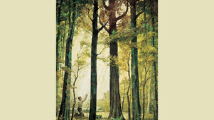 A painting of the First Vision with Joseph Smith kneeling in a forest praying 