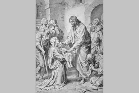 "Christ Healing the Sick" sketch by Heinrich Hofmann depicting Christ gently laying his hands on a child in a mother's arms