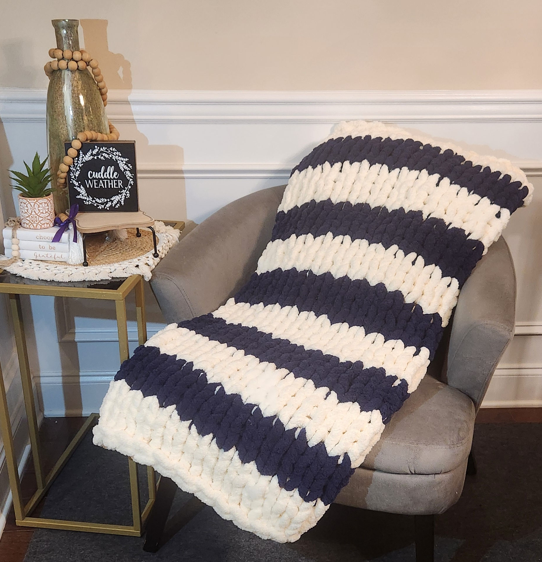 Navy Blue and Cream Chunky Knit Throw