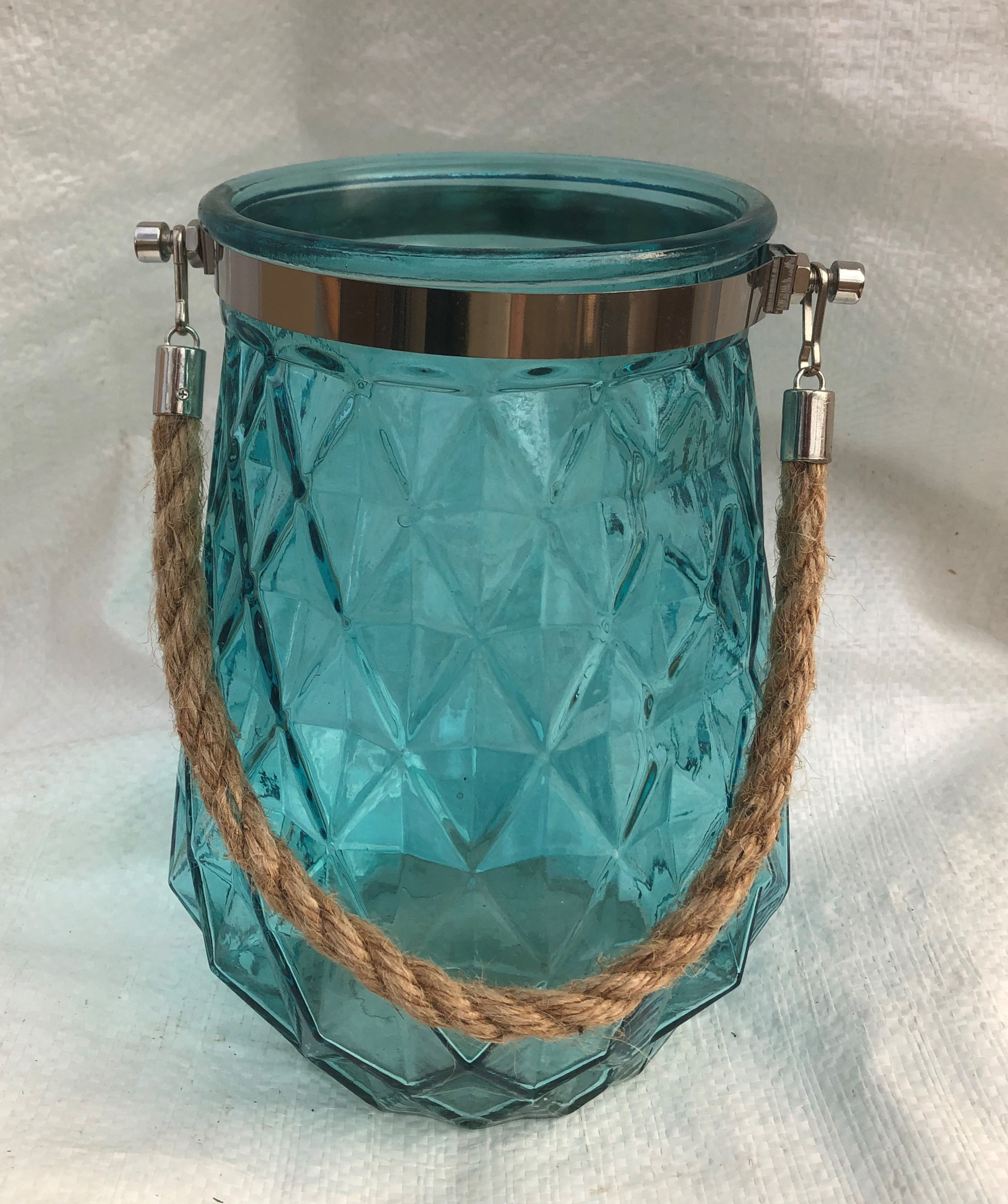 Glass Jar Blue with Rope Handle Diamond Pattern Pot