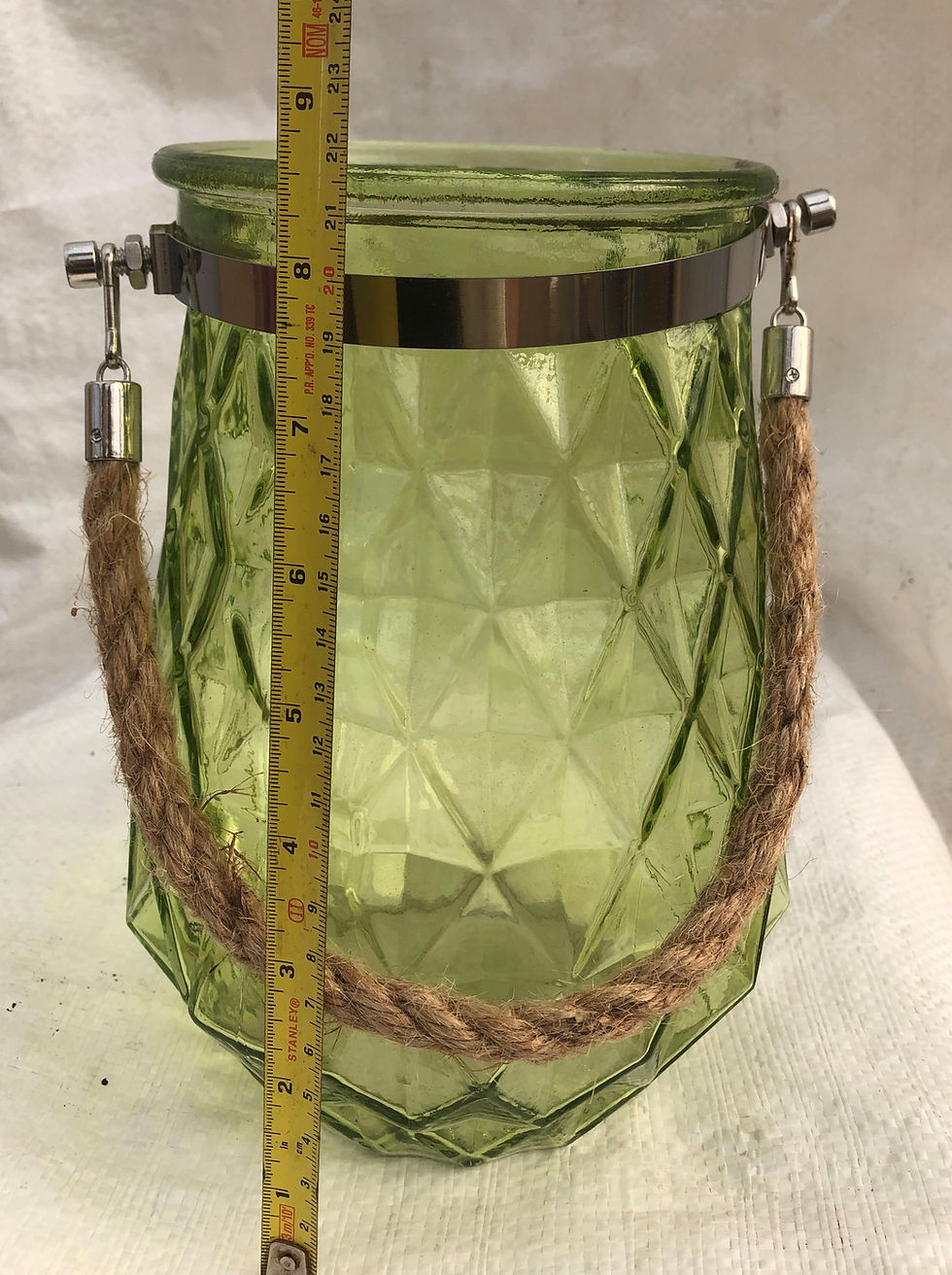 Thumbnail: Glass Jar Green with Rope Handle Diamond Pattern Pot