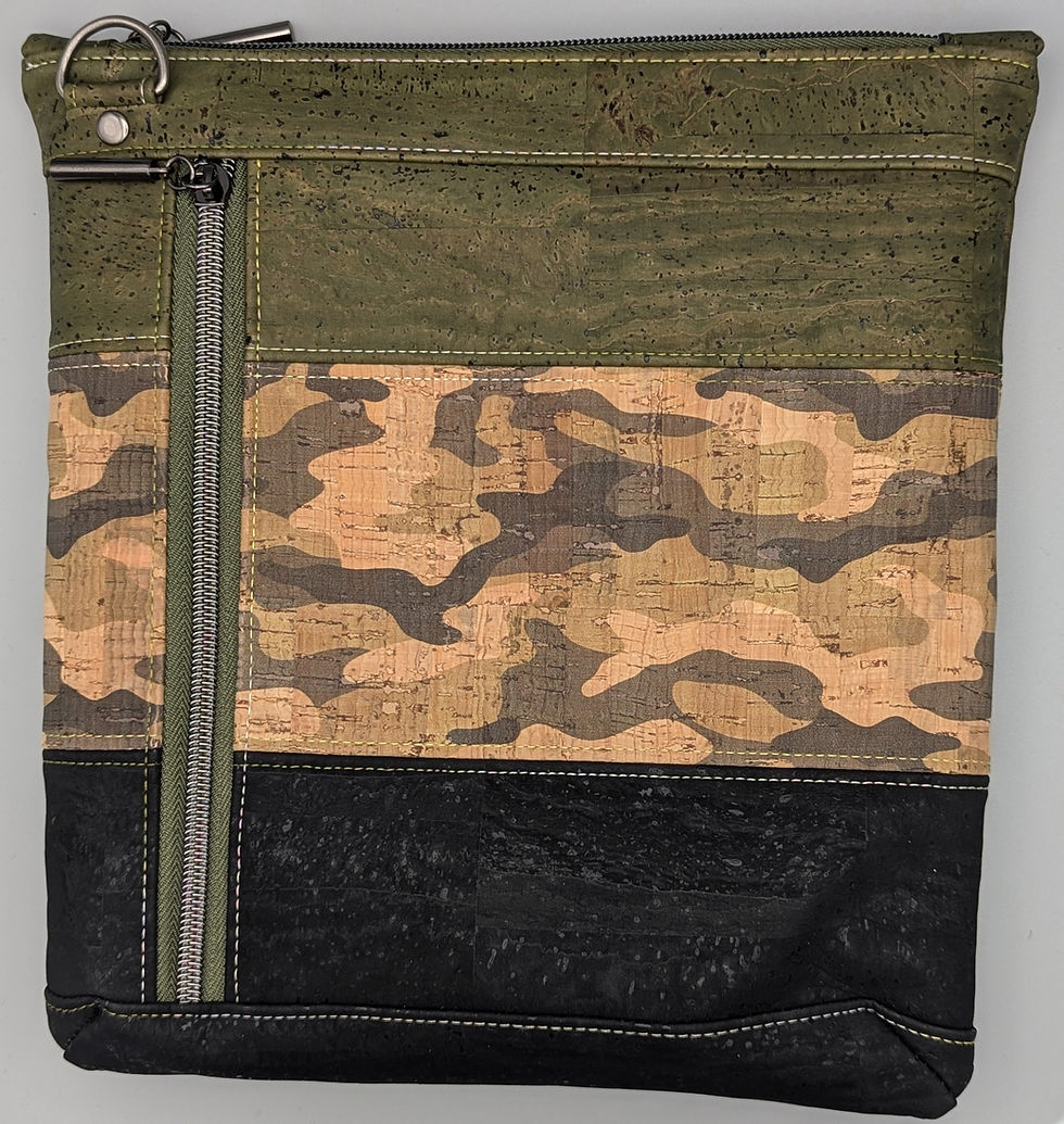 Black & Camo army green 3 tone cork crossbody bag. Front view