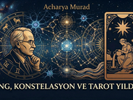 Solda Carl Jung'un düşünen profili ve Zodyak çemberi, sağda Tarot'un Yıldız Kartı, ortada nöronları ve takımyıldız şemalarını birleştiren kozmik ağ yapısı. Görselin üstünde ve altında 'JUNG, KONSTELASYON VE TAROT YILDIZI' yazılı Acharya Murad imzalı ezoterik ve psikolojik bir illüstrasyon.