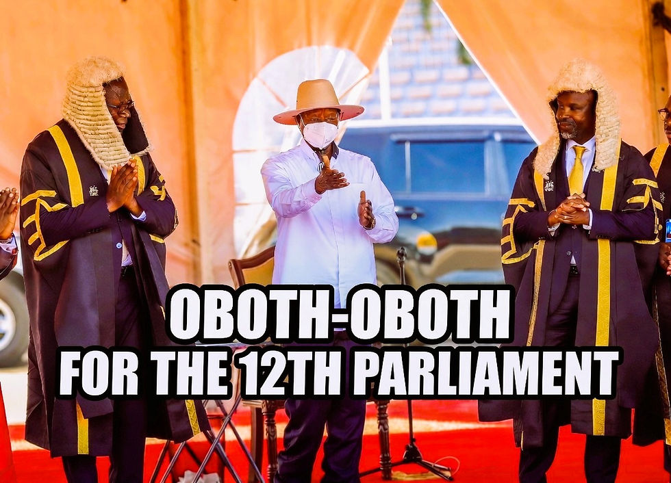 Jacob Oboth-Oboth has officially taken office as the Speaker of Uganda's 12th Parliament. Here he is seen standing on the left, President Museveni in the center and Deputy Speaker on the right.