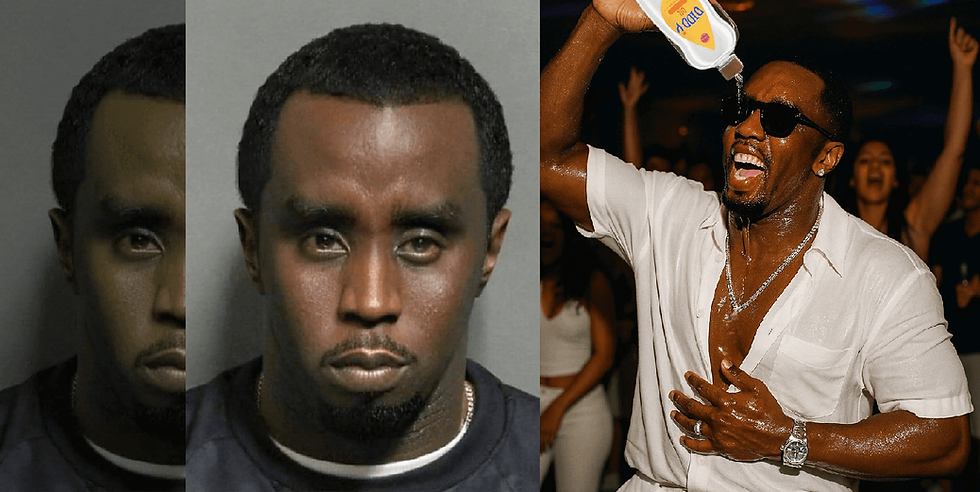 A tale of two sides: Sean "Diddy" Combs captured in a mugshot and later, pouring baby oil on himself at an event. This image captures the contrasting public personas of the music mogul as he faces legal challenges.