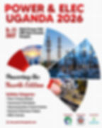 Promotional event flyer for "Power & Elec Uganda 2026," showcasing its fourth edition. The flyer features a clean white background with bold red text at the top reading "POWER & ELEC UGANDA 2026." The event dates are listed as 9–11 July at the Multi-Purpose Hall, UMA Show Grounds, Kampala. A prominent circular collage broken into segments displays imagery of solar panels at sunset, telecommunication towers, electrical transformers, and a hand working on an electronic circuit board. The bottom left details the exhibitor categories including Power & Energy Solutions and Transmission & Distribution, along with the website www.powerelecuganda.com. The bottom-right displays the logos of ETSIPL, the Uganda Manufacturers Association, and Lanestra Enterprises Uganda Ltd.