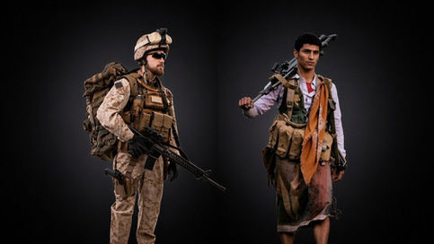 Side-by-side comparison of a fully equipped Western soldier holding a rifle and a young Yemeni fighter in traditional clothing carrying a weapon, illustrating the forces competing over strategic shipping lanes.