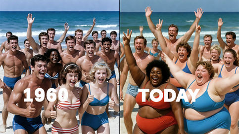 Split-screen photo comparing a beach scene from the 1960s on the left, showing fit and athletic people in swimwear, with a modern beach scene on the right featuring larger, overweight individuals enjoying the same sunny setting. A visual representation of rising obesity rates since the 1960s.