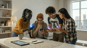 A group of four young adults from diverse backgrounds stand around a white table in a bright, modern living room, each completely absorbed in their own smartphone. On the far left, a young woman of South Sudanese ethnicity with intricate braids and a yellow sweater gazes intently at her glowing screen. Beside her, a man in a tan beanie and hoodie rests his chin on his hand in thought while looking at his phone, while two other individuals to the right are similarly "glued" to their devices. The table in front of them features a stylized circular pattern of text, a tablet, and a notebook, all ignored in favor of their digital displays.