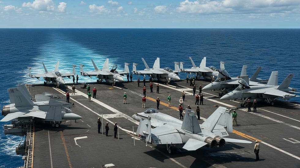 Flight deck of the USS Theodore Roosevelt aircraft carrier packed with F/A-18 fighter jets and crew members as the ship sails on the open ocean