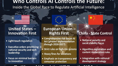 "Infographic titled 'Who Controls AI Controls the Future: Inside the Global Race to Regulate Artificial Intelligence'. It compares three major regulatory approaches: United States – Innovation First (light-touch regulation and executive orders), European Union – Rights First (comprehensive risk-based AI Act with heavy fines), and China – State Control (national security, algorithm registration, and social stability focus). A world map background highlights the three blocs, with a bottom banner stating 'The Winner of AI Regulation Will Shape the 21st Century' across economy, military power, information flow, and individual freedoms."