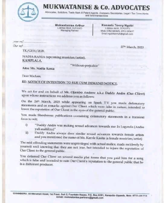 Through his lawyers, Mukwatanise & Co. Advocates, Daddy Andre has served upcoming female artiste, Nadia Rania a notice of intention to sue over defamation, Intentions to sue Rania by Daddy Andre