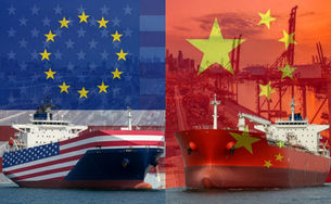 A split-image digital artwork depicting geopolitical energy competition. On the left, under overlapping US and EU flags with a blue starry EU emblem in the top corner, a large American-flagged oil tanker sails forward. On the right, under a red Chinese flag, a distinct Chinese-flagged oil tanker advances. Both vessels are in busy industrial ports with cranes and cityscapes in the background, symbolizing the USA, Europe, and China energy rivalry.