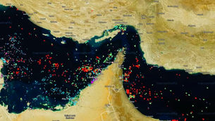 Real-time vessel tracking map of the Strait of Hormuz via MarineTraffic, highlighting the intense global shipping traffic and strategic importance of this maritime choke point between Iran and the Arabian Peninsula.