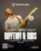 Event promotional flyer for "Tuesday Band Night: Rhythm & Ribs" at Buffaloes Lounge, happening on Tuesday the 23rd. The flyer has a dark, textured gray background and prominently features a musician in a white polo shirt smiling and playing a light teal electric guitar. The event title "RHYTHM & RIBS" is written in large, bold white typography across the center. The lower portion details the lineup, listing The Backbone Band, Marcus DJ Official, and MC Legacy, alongside a QR code, the venue location on Waligo Road, Komamboga, and a reservation contact number: 0759 933 555.