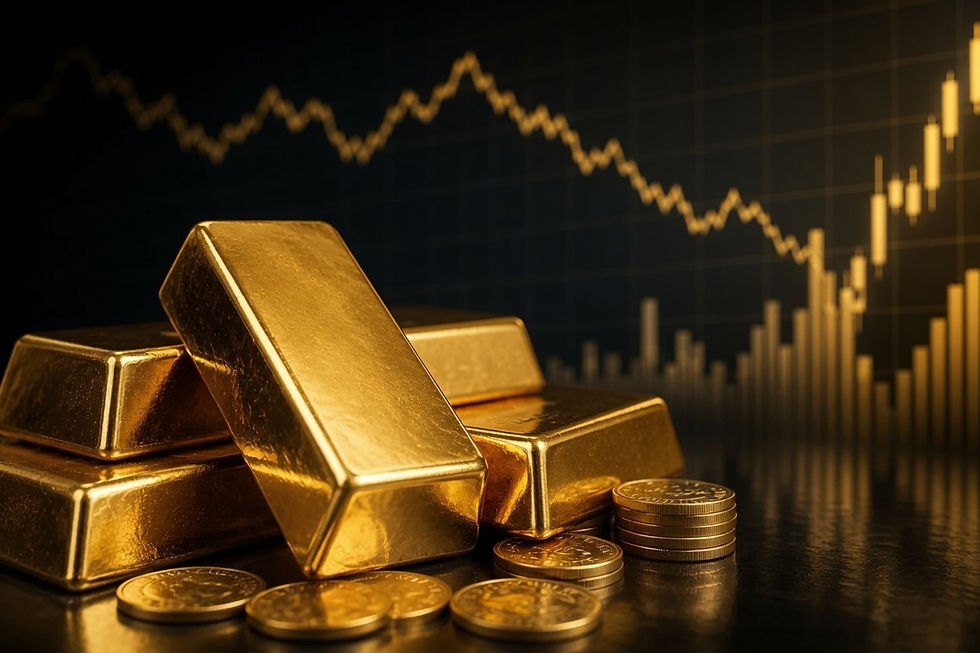 Gold bars and coins in front of a financial chart, symbolizing the strategic importance of bullion in global reserves despite market volatility, as central banks build positions in the new global reserve order.