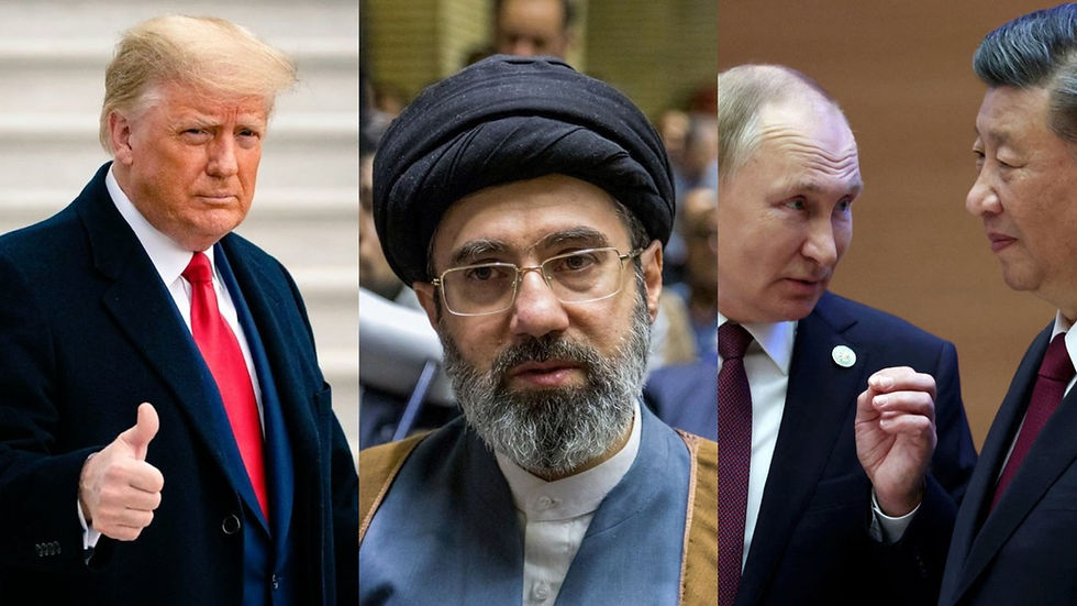 A horizontal composite image featuring four world leaders from left to right: U.S. President Donald Trump giving a thumbs-up in a dark coat and red tie; Mojtaba Khamenei wearing glasses, a black turban, and clerical robes; and Russian President Vladimir Putin leaning in, speaking closely to Chinese President Xi Jinping.