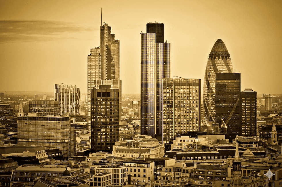 Sepia-toned cityscape featuring London skyscrapers, including the distinctive Gherkin building, under a cloudy sky. Calm urban mood. The Global Banking Skyline