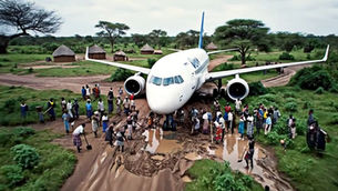 Deepfake AI-generated scene of villagers in northern Uganda working together to clear mud from around a stranded airplane.
