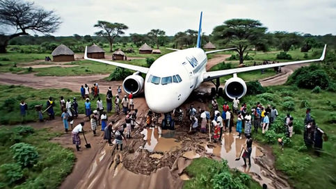 Deepfake AI-generated scene of villagers in northern Uganda working together to clear mud from around a stranded airplane.