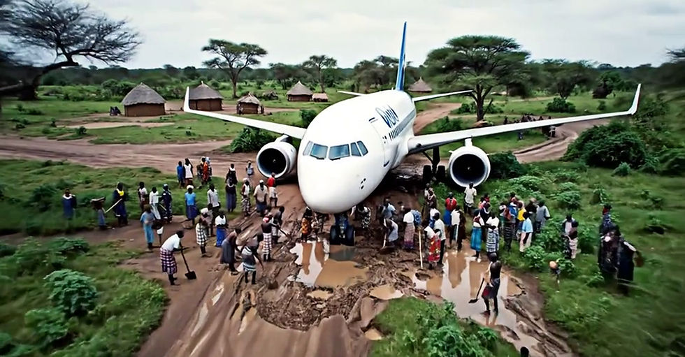 Deepfake AI-generated scene of villagers in northern Uganda working together to clear mud from around a stranded airplane.
