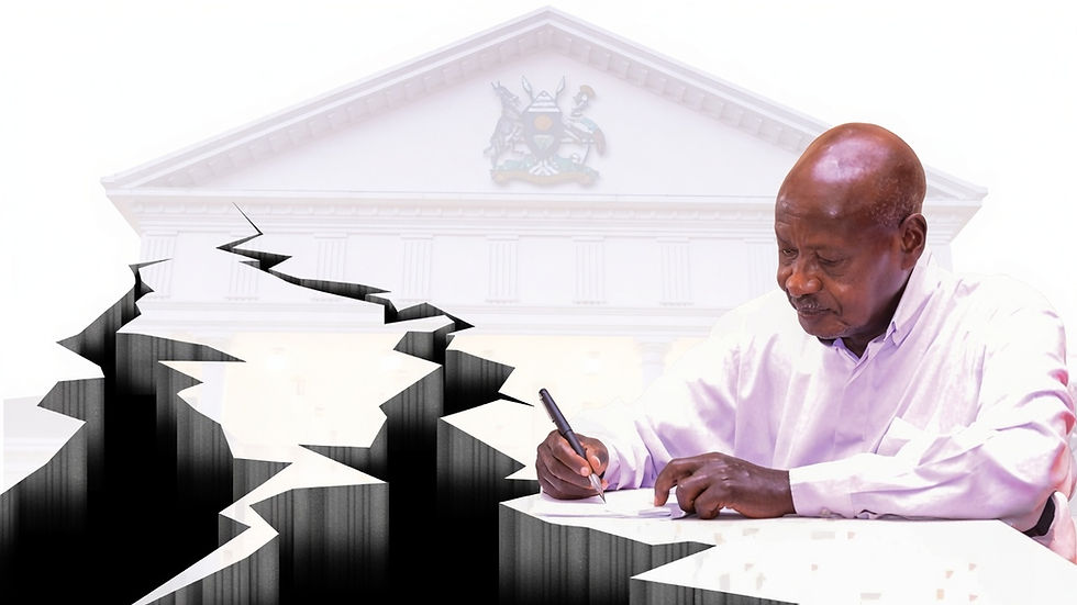 President Yoweri Museveni signing Executive Order No. 1 of 2023 beside an illustration of cracked ground, symbolising Uganda's earthquake readiness, stronger building standards and national disaster preparedness.