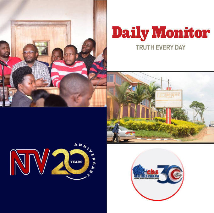 Photo credited to NTV Uganda showing two soldiers in camouflage guarding the NTV media station premises. This image illustrates the military presence outside the station amid reports of shutdown orders. The NRM government has clamped down on media houses, with outlets such as The Red Pepper, Daily Monitor, CBS, and NTV continuing to operate on tenterhooks amid Uganda’s deepening media freedom crisis.