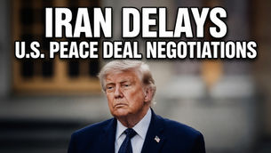 Portrait of Donald Trump with a serious expression, overlaid with bold white text reading 'IRAN DELAYS U.S. PEACE DEAL NEGOTIATIONS' on a widescreen thumbnail format.