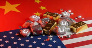 Symbolic composition featuring lithium-marked rocks and gold bars resting across the flags of China and the United States, representing the strategic shift toward tangible assets and critical minerals as central banks diversify away from US Treasuries in the new global reserve order.